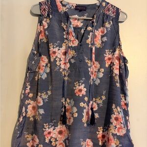 Navy Floral Sleeveless Tank with Tassel Tie